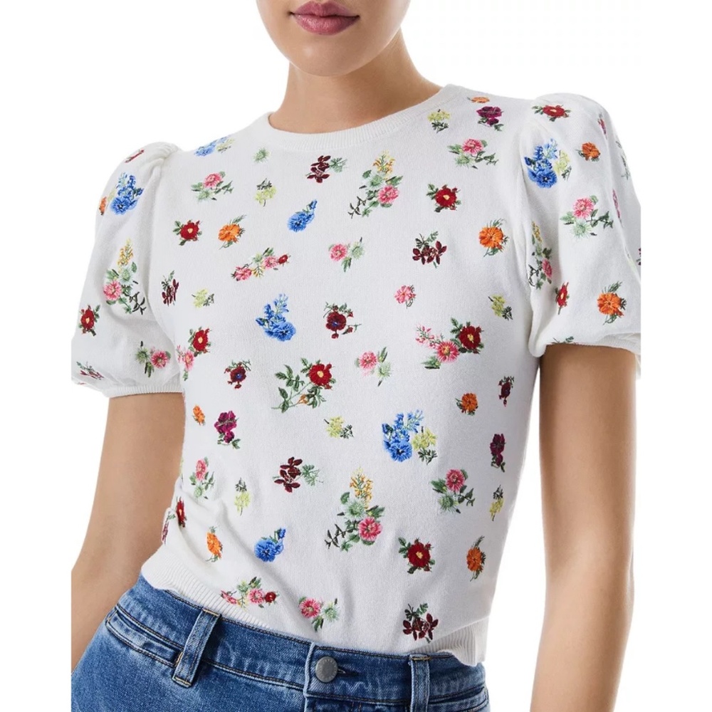 Alice+ Olivia Risa Embroidery Puff Sleeve Sweater Top Small - Picture 4 of 12